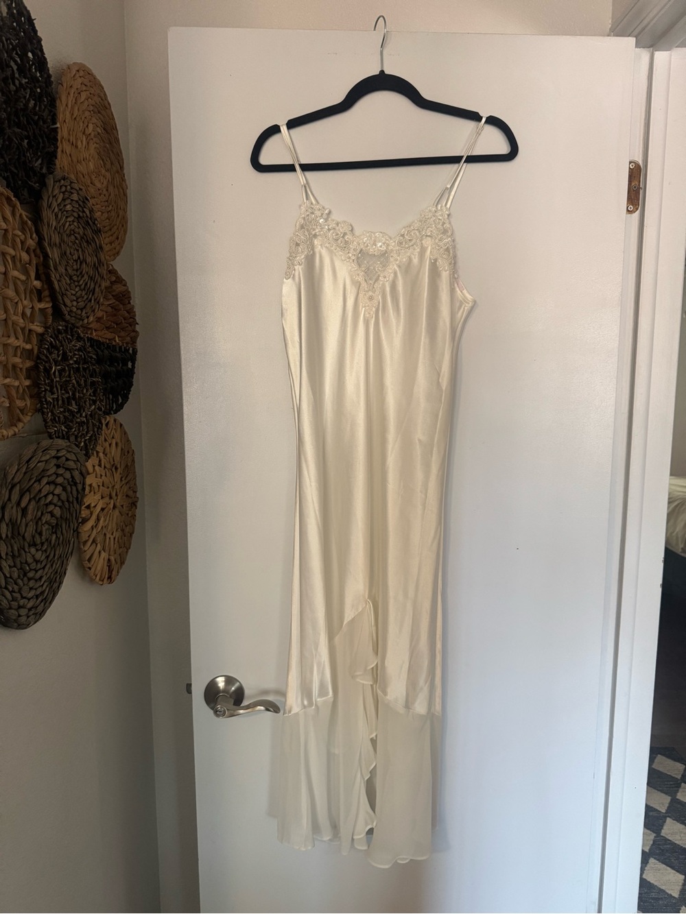 Lace-Trim Satin Slip Dress in Cream
